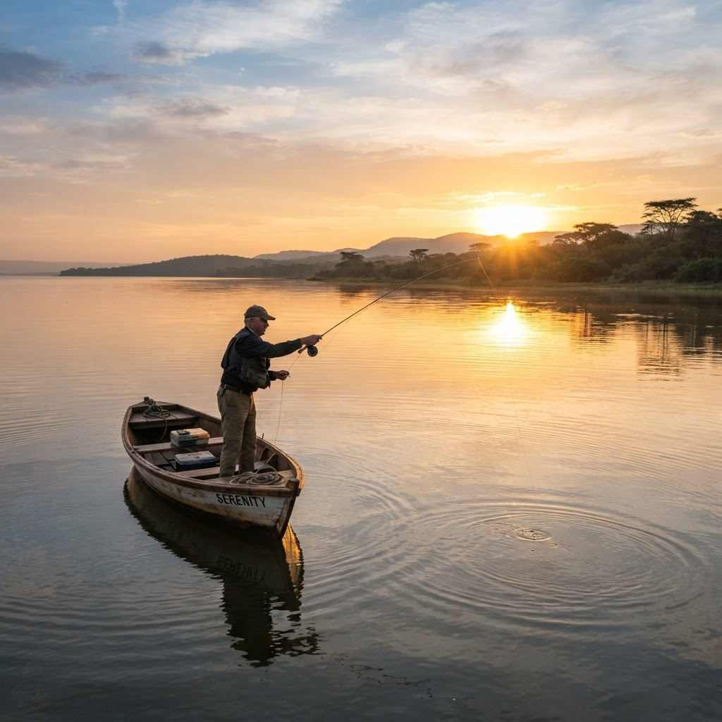 Angler casting a line from a boat at golden sunrise on a vast African lake